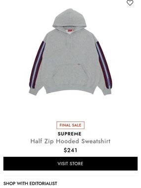 Supreme Gray Half-Zip Hooded Sweatshirt with Stripe Sleeves